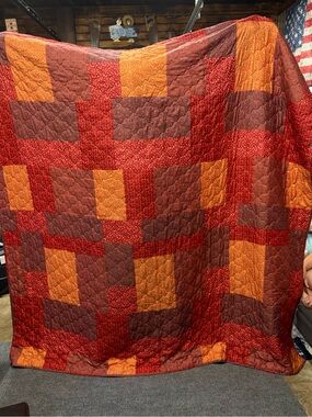 Warm Tones Patchwork Comforter in Red, Orange, and Brown